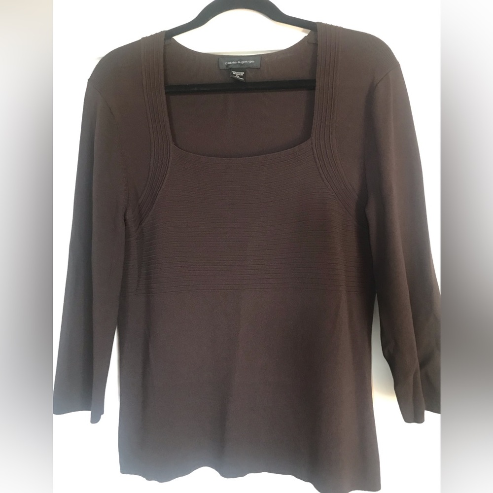 Knit Sweater Top Cable & Gauge, square neckline, detailed ribbing, 3/4 sleeves